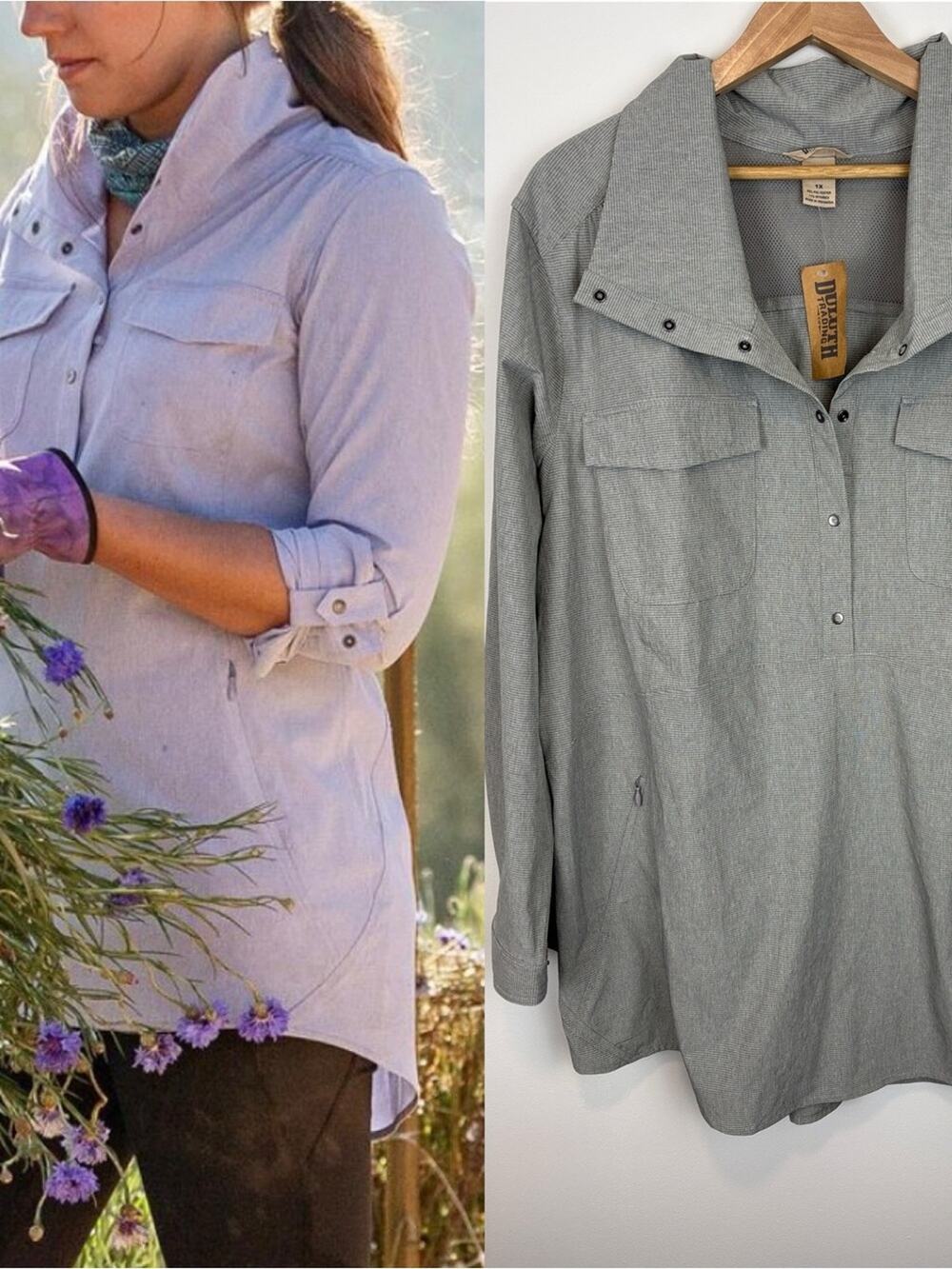 NWT Duluth Womens 1X Utility Shirt Jacket Gray Snap Hiking Outdoor Lightweight - Picture 1 of 6